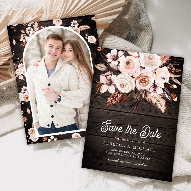 Boho Earthy Floral Photo Wood Wedding Save The Date (Creator Uploaded)