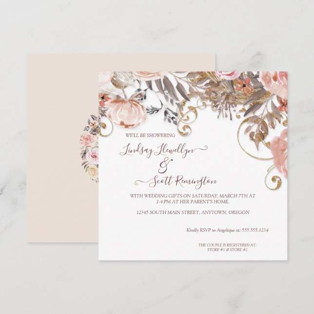 Boho Earthy Floral Pink Rose Gold Couples Shower Invitation (Front/Back)