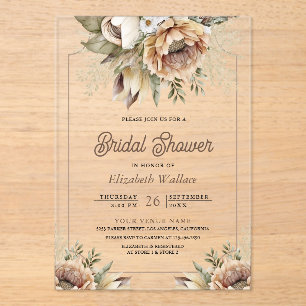 Boho Earthy Floral Taupe Bridal Shower Acrylic Invitations