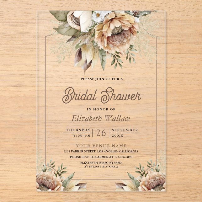 Boho Earthy Floral Taupe Bridal Shower Acrylic Invitations (Front)
