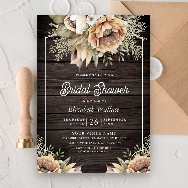 Boho Earthy Floral Taupe Photo Wood Bridal Shower Invitation (Creator Uploaded)
