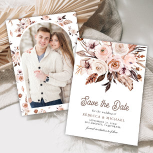 Boho Earthy Ivory Floral Photo Wedding Save The Date