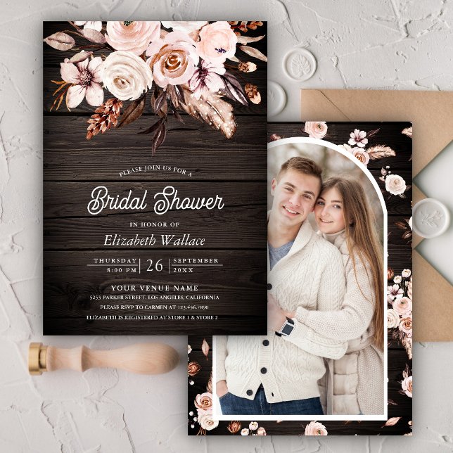 Boho Earthy Ivory Floral Photo Wood Bridal Shower Invitation (Creator Uploaded)