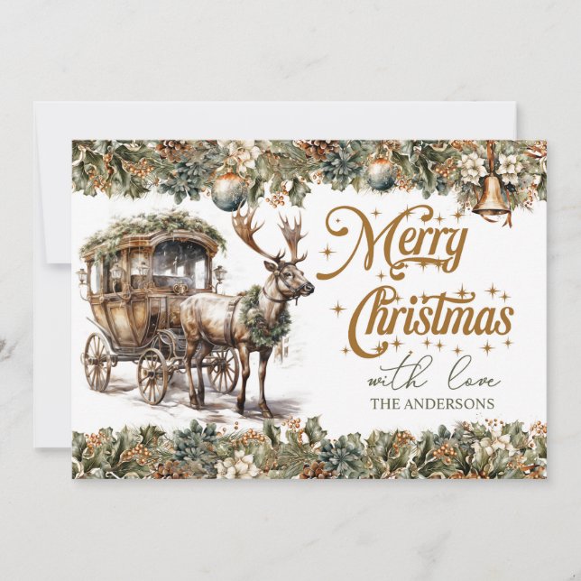 Boho Earthy tones green gold Reindeer and carriage Holiday Card (Front)