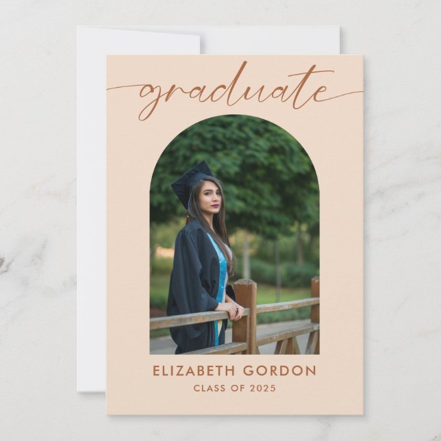 Boho Earthy Trendy Script Arch Photo Graduation Save The Date (Front)