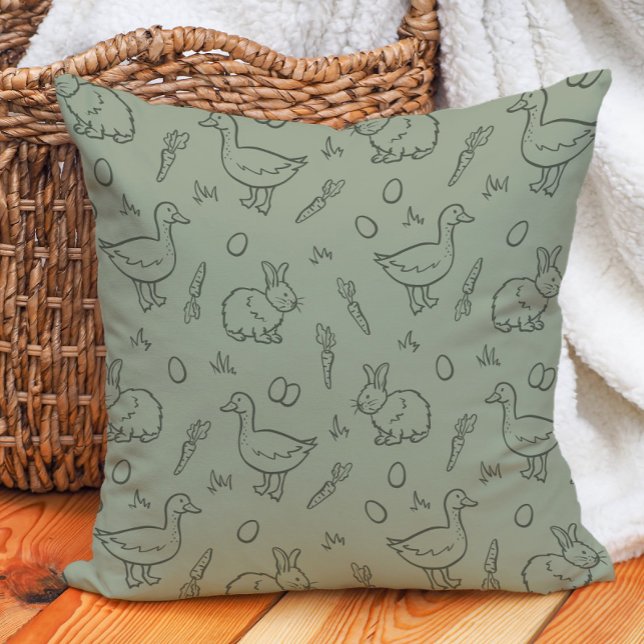 Boho Easter Bunny Rabbit Goose Spring Sage Green Cushion (Creator Uploaded)