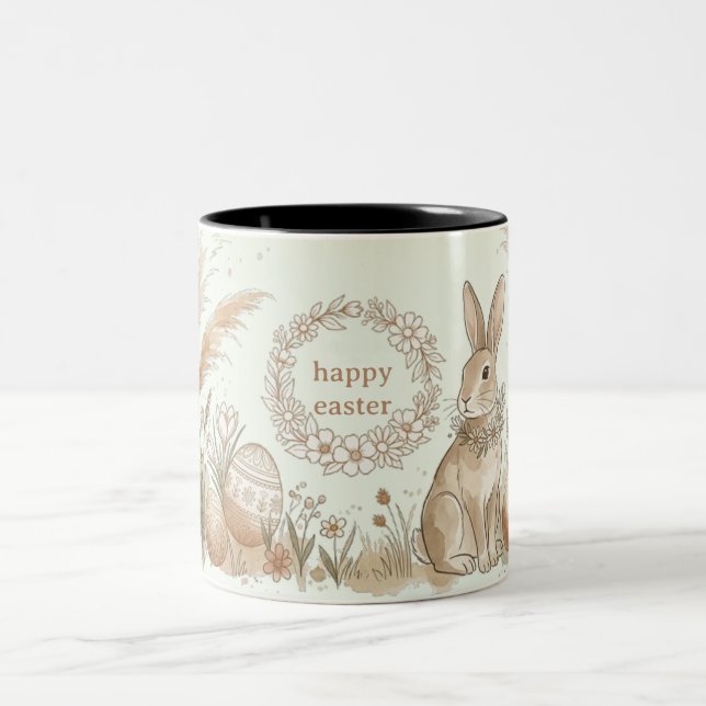 Boho Easter Bunny with Floral Wreath Illustration Two-Tone Coffee Mug (Center)