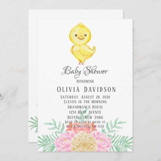 Boho Easter Chicken Watercolor Florals Baby Shower Invitation (Front/Back)
