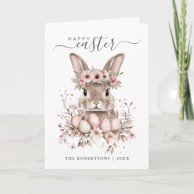 Boho Easter Pretty Bunny Blush Floral Eggs Folded Holiday Card (Front)