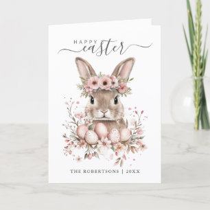 Boho Easter Pretty Bunny Blush Floral Eggs Folded Holiday Card