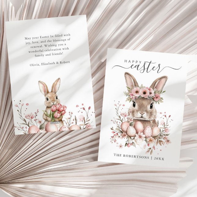 Boho Easter Pretty Bunny Blush Floral Eggs  Holiday Card (Boho Easter Pretty Bunny Blush Floral Eggs Holiday Card on a sunny neutral dry palm leaf.)