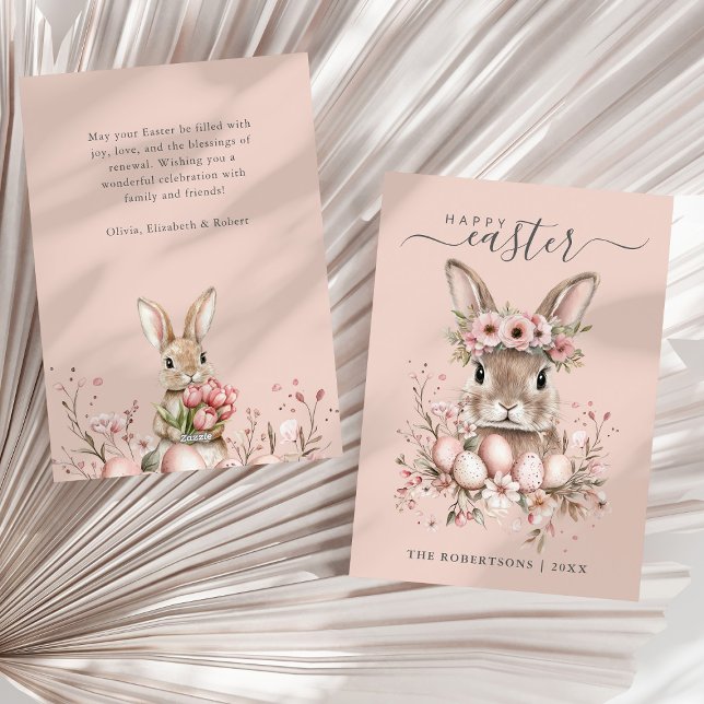 Boho Easter Pretty Bunny Blush Floral Eggs  Holiday Card (Boho Easter Pretty Bunny Blush Floral Eggs Holiday Card on a sunny neutral dry palm leaf.)