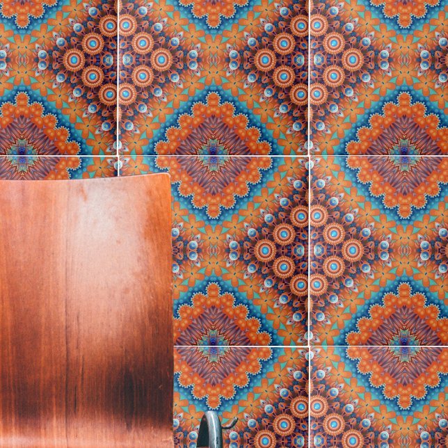 Boho Eclectic Kaleidoscopic Mosaic Hip Teal Ochre Tile (Creator Uploaded)