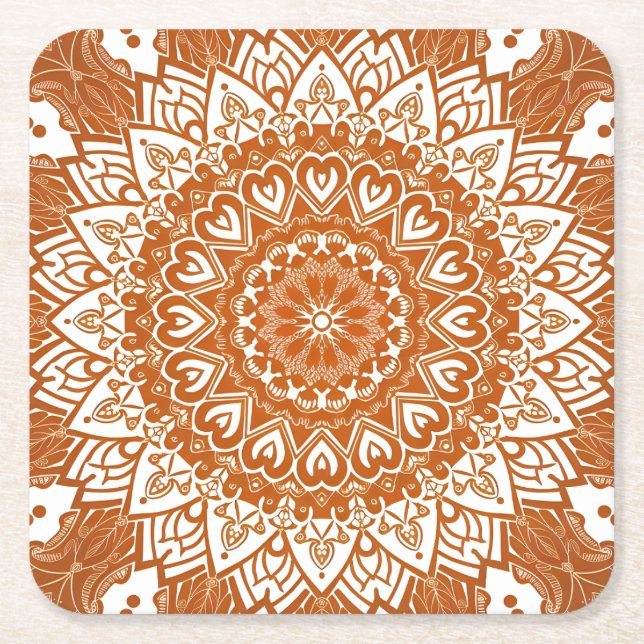 Boho Eclectic Tibetan Inspired Orange Mandala Square Paper Coaster (Front)