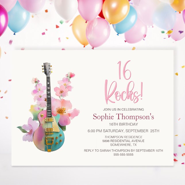 Boho Electric Guitar Pink Floral 16th Birthday Invitation (Creator Uploaded)