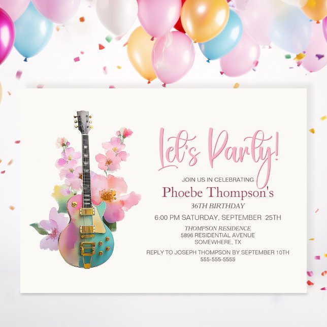 Boho Electric Guitar Pink Floral Any Age Birthday Invitation (Creator Uploaded)