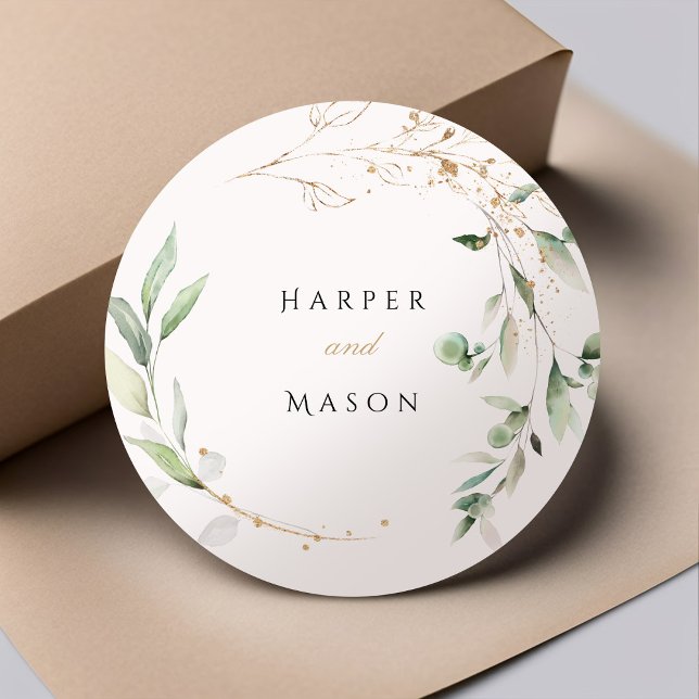 Boho Elegance Gold Splatter Greenery Round Sticker (Creator Uploaded)