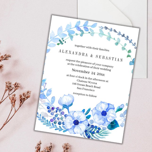 Boho Elegant Blue Floral Wreath Wedding Postcard (Creator Uploaded)