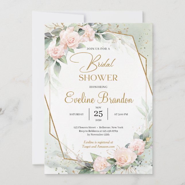 Boho Elegant Blush Floral Eucalyptus Gold Frame Invitation (Front)