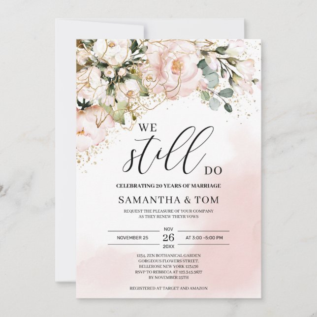 Boho elegant blush pink floral gold we still do invitation (Front)