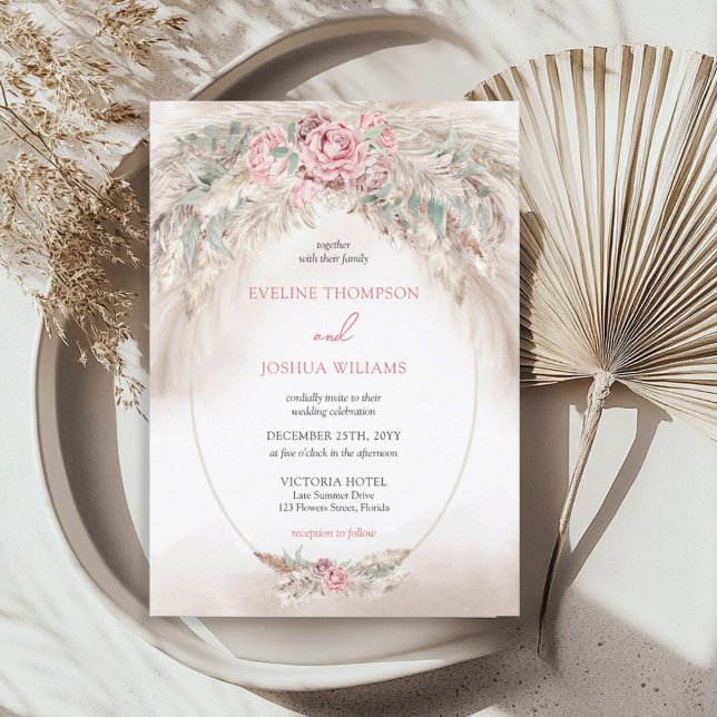 Boho elegant blush roses pampas eucalyptus wedding invitation (Boho elegant dusty rose pampas eucalyptus wedding invitation)