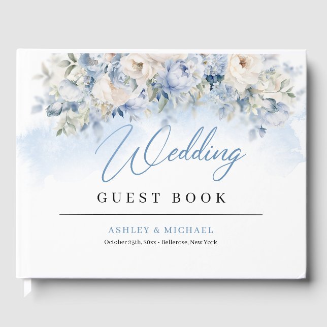 Boho Elegant Dusty Blue and Ivory Flowers wedding Guest Book (Front)