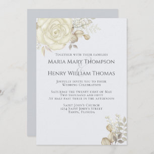 Boho Elegant Floral Light Blue White Roses Simple Invitation