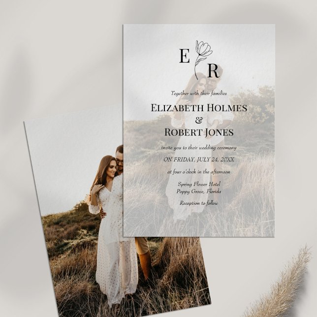 Boho Elegant Floral Monogram Custom Photo Wedding  Invitation (Boho Elegant Floral Monogram Custom Photo Wedding Invitation on white table with dry wildflower.)