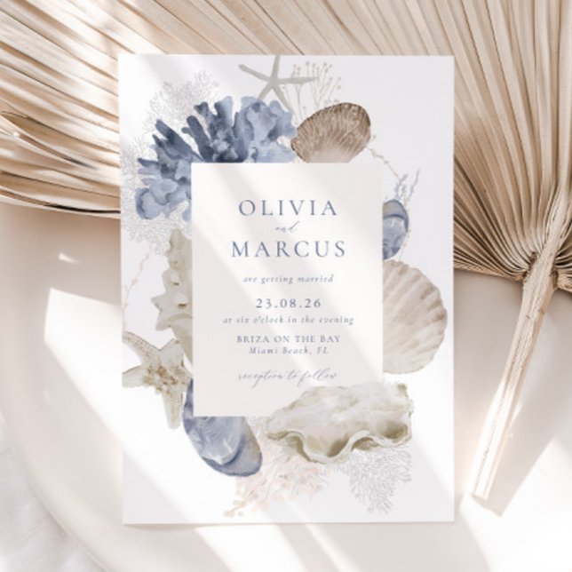 Boho Elegant Frame Beach Blue Wedding Invitation (Front)
