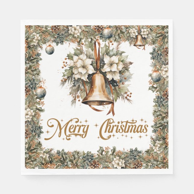 Boho Elegant greenery and Christmas gold bells Napkin (Front)