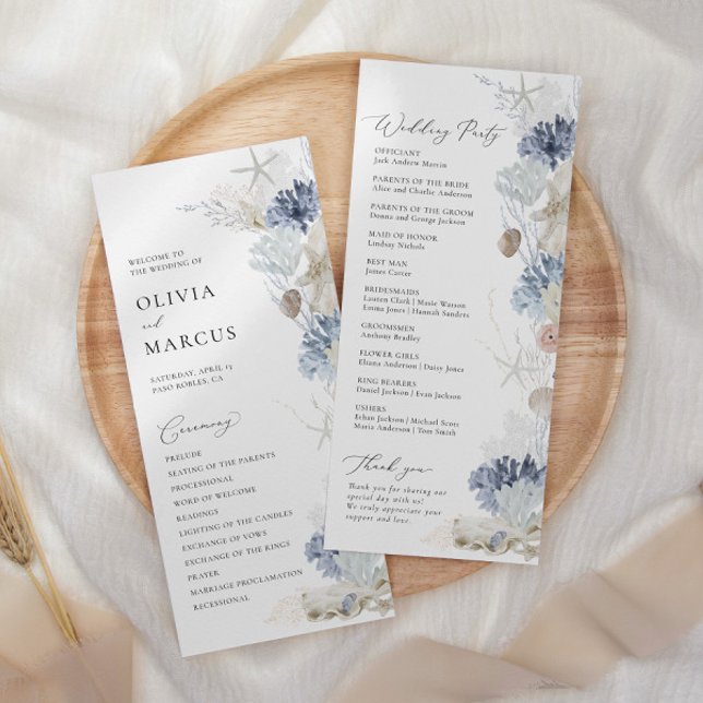 Boho Elegant Ocean Beach Coral Blue Wedding Programme (Creator Uploaded)