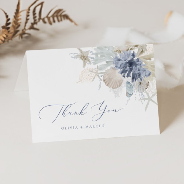 Boho Elegant Ocean Beach Coral Blue Wedding Thank You Card (Creator Uploaded)