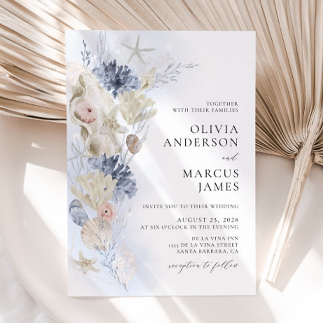 Boho Elegant On The Beach Blue Wedding Invitation (Front)