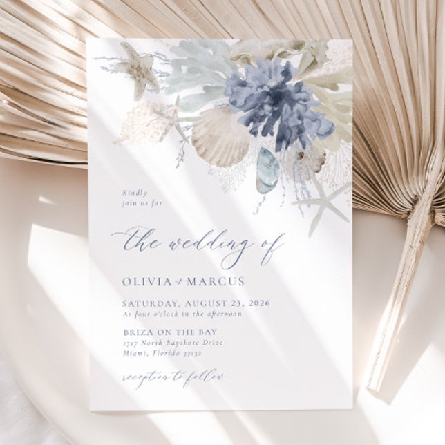 Boho Elegant On The Beach Blue Wedding Invitation (Front)