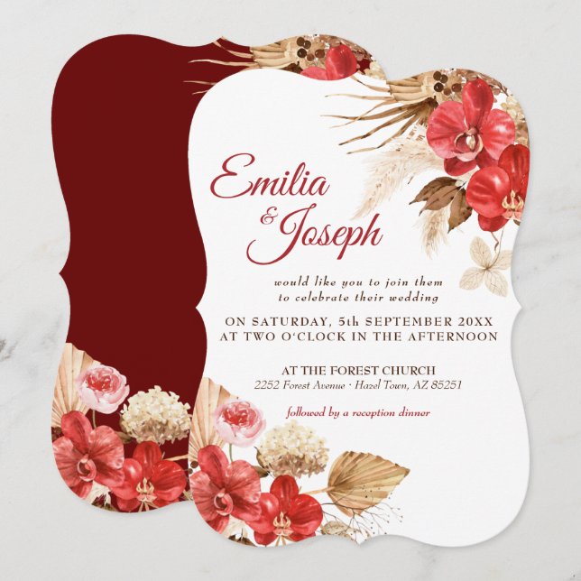 Boho elegant red orchid fall custom Wedding Invita Invitation (Front/Back)