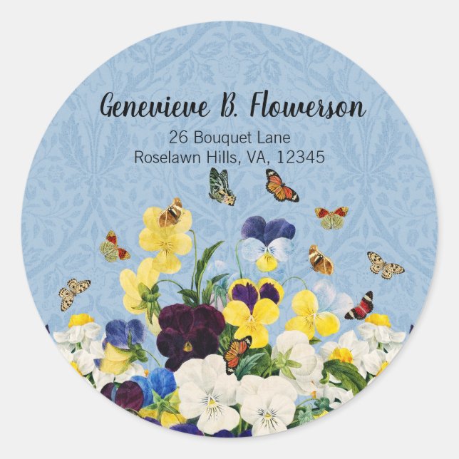 Boho Elegant Spring Pansies Daffodils Butterflies Classic Round Sticker (Front)