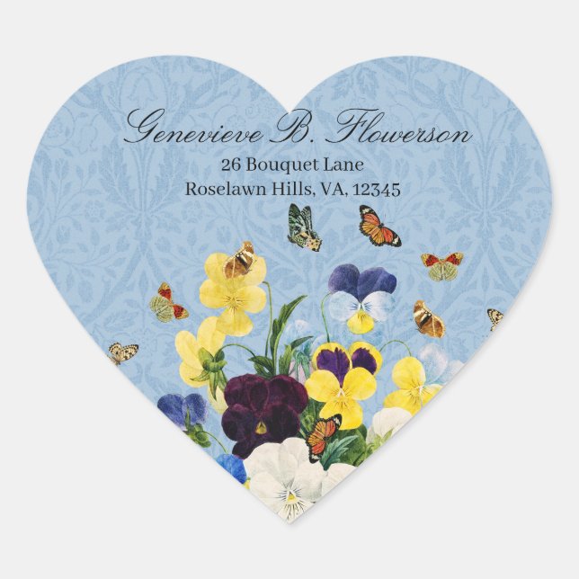 Boho Elegant Spring Pansies Daffodils Butterflies Heart Sticker (Front)