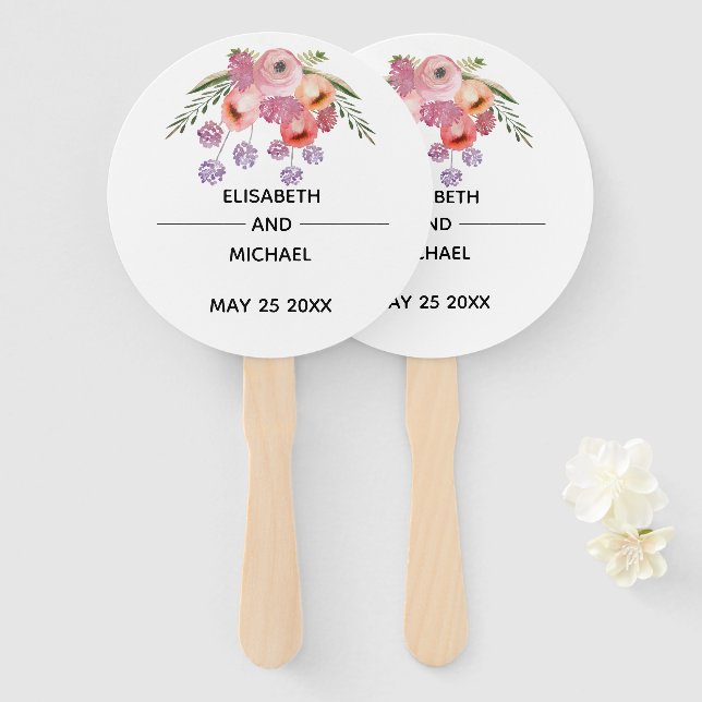 Boho elegant watercolor chic floral bouquet hand fan (Front and Back)