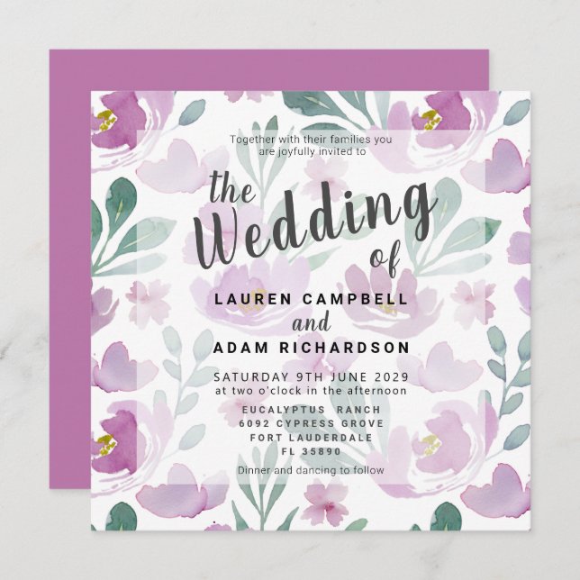 Boho Elegant Watercolor Floral Purple Wedding  (Front/Back)