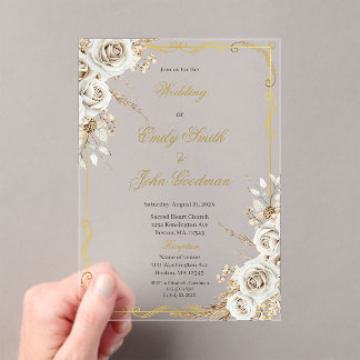Boho elegant white flower wedding acrylic invitations
