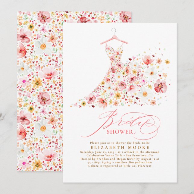 Boho Elegant Wildflower Blush Floral Bridal Shower Invitation (Front/Back)