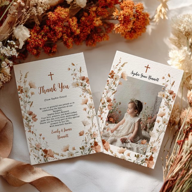 Boho elegant Wildflower Dusty Rose Photo Baptism Thank You Card (Boho elegant Wildflower Dusty Rose Photo Baptism Thank You Card)