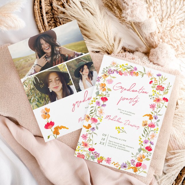 Boho Elegant Wildflowers 3-Photo Graduation Invitation (Boho Elegant Wildflowers 3-Photo Graduation Invitation)
