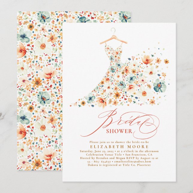 Boho Elegant Wildflowers Floral Fall Bridal Shower Invitation (Front/Back)