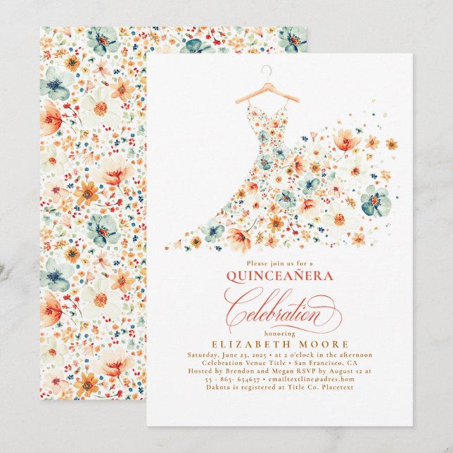 Boho Elegant Wildflowers Floral Fall Quinceanera  Invitation (Front/Back)