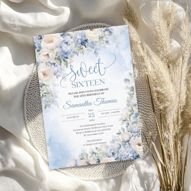 Boho Elegant Winter Dusty Blue and Ivory Flowers  Invitation (Boho Elegant Winter Dusty Blue and Ivory Flowers Invitation)