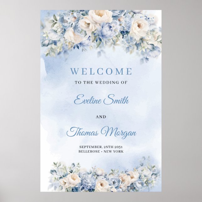 Boho Elegant winter dusty blue and ivory flowers  Poster (Front)