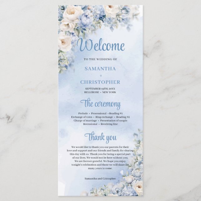 Boho Elegant winter dusty blue and ivory flowers Programme (Front)