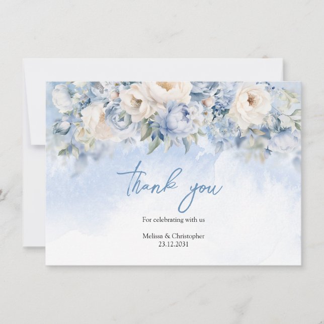 Boho Elegant winter dusty blue and ivory flowers  Thank You Card (Front)