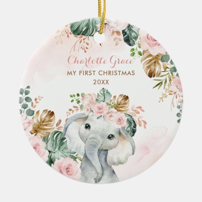 Boho Elephant Baby 1st Christmas Blush Pink Flower Ceramic Tree Decoration (Front)